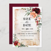 Burgundy Peach Coral Pink Roses Save the Date Kart (Vorne/Hinten)