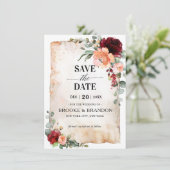 Burgundy Peach Coral Pink Roses Save the Date Kart (Stehend Vorderseite)