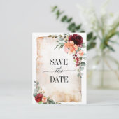 Burgundy Peach Coral Pink Roses Save the Date Postkarte (Stehend Vorderseite)