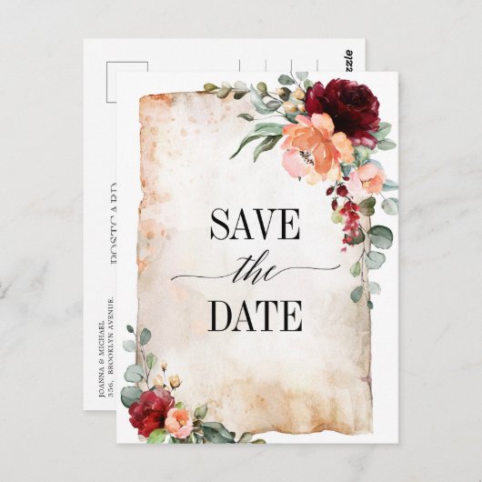 Burgundy Peach Coral Pink Roses Save the Date Postkarte (Vorne/Hinten)