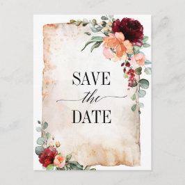 Burgundy Peach Coral Pink Roses Save the Date Postkarte