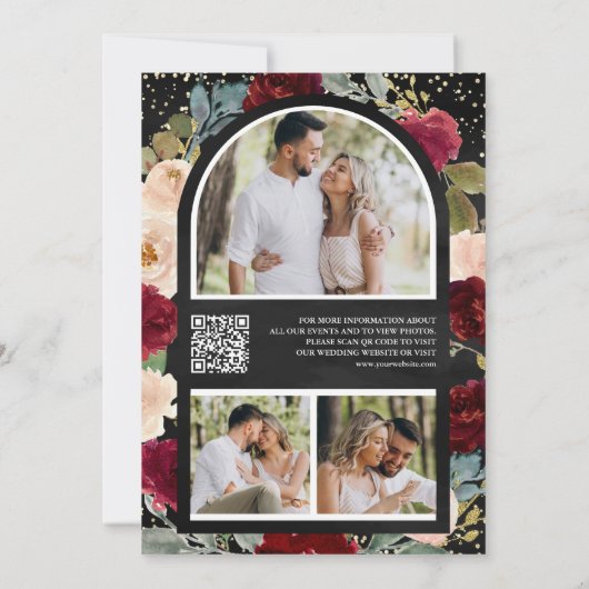 Burgundy Peach Floral Foto Black QR Code Hochzeit Save The Date (Rückseite)