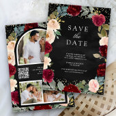 Burgundy Peach Floral Foto Black QR Code Hochzeit Save The Date