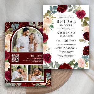 Burgundy Peach Floral Foto QR Code Brautparty Einladung