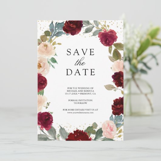 Burgundy Peach Floral Foto QR Code Hochzeit Save The Date (Stehend Vorderseite)