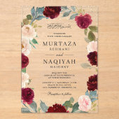 Burgundy Peach Floral Muslim Wedding Acryleinladungen (Vorderseite)