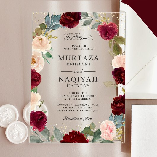 Burgundy Peach Floral Muslim Wedding Acryleinladungen
