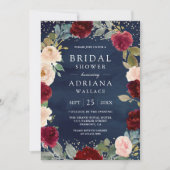 Burgundy Peach Floral Navy Blue Brautparty Einladung (Vorderseite)