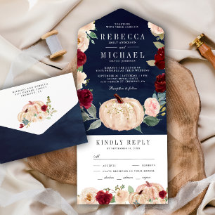 Burgundy Peach Floral Pumpkin Navy Blue Wedding All In One Einladung