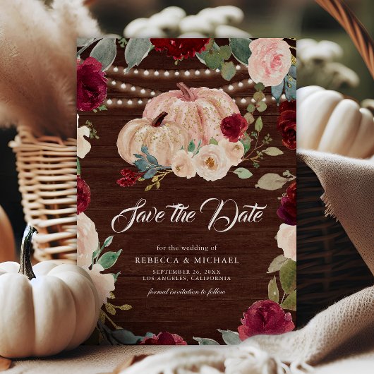 Burgundy Peach Floral Pumpkin Wood Wedding Save The Date