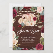 Burgundy Peach Floral Pumpkin Wood Wedding Save The Date (Vorderseite)