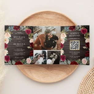 Burgundy Peach Floral QR Code Barn Wood Wedding Dreifach Gefaltete Einladung