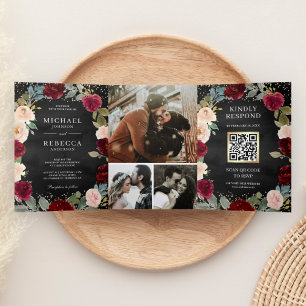 Burgundy Peach Floral QR Code Black Wedding Dreifach Gefaltete Einladung