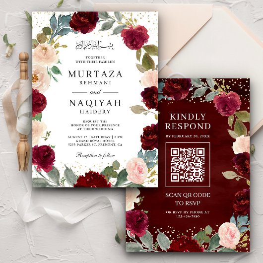 Burgundy Peach Floral QR Code Muslime Hochzeit Einladung