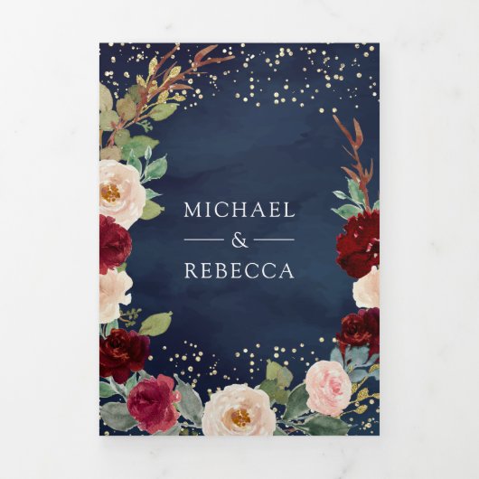 Burgundy Peach Floral QR Code Navy Blue Wedding Dreifach Gefaltete Einladung (Cover)