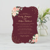 Burgundy Peach Gold Floral Confetti Wedding Einladung (Stehend Vorderseite)