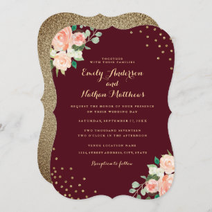 Burgundy Peach Gold Floral Confetti Wedding Einladung