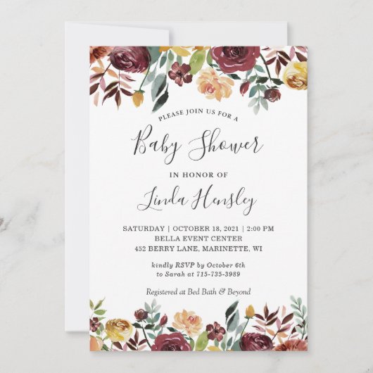 Burgundy Peach Gold Garden Floral Fall Baby Dusche Einladung (Vorderseite)