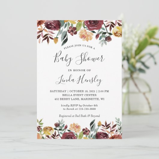 Burgundy Peach Gold Garden Floral Fall Baby Dusche Einladung (Stehend Vorderseite)