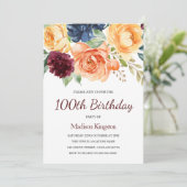 Burgundy Peach Navy Floral 100. Geburtstag Einladung (Stehend Vorderseite)