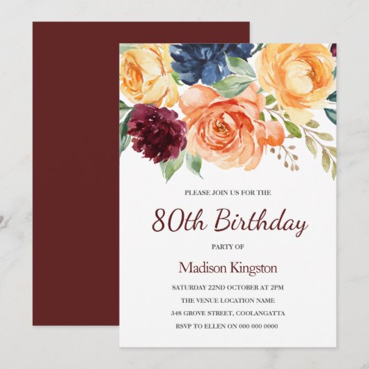 Burgundy Peach Navy Floral 80. Geburtstag Einladung (Vorne/Hinten)