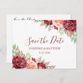 Burgundy Peach Rose BlumenWedding speichern das Da Ankündigungspostkarte (Vorne/Hinten)