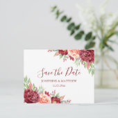 Burgundy Peach Rose BlumenWedding speichern das Da Ankündigungspostkarte (Stehend Vorderseite)