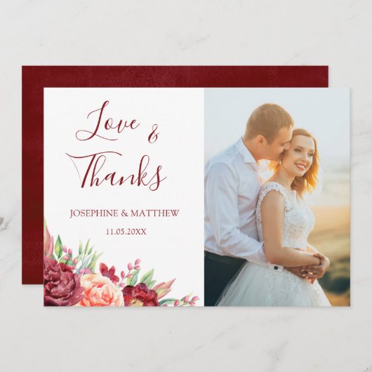 Burgundy Peach Rose Floral Wedding Vielen Dank Dankeskarte (Vorne/Hinten)