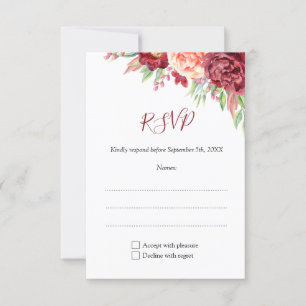 Burgundy Peach Rose Wasserfarben Blumenzehen RSVP Karte