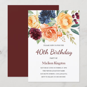 Burgundy & Peach Wassercolor Floral 40. Geburtstag Einladung