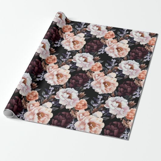 Burgundy Peonies Floral Pattern Geschenkpapier (Ungerollt)