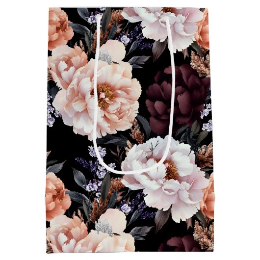 Burgundy Peonies Floral Pattern Mittlere Geschenktüte (Rückseite)