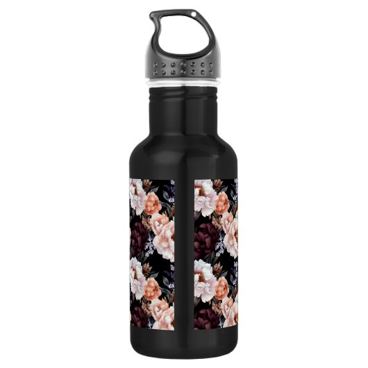 Burgundy Peonies Floral Pattern | Monogramm Edelstahlflasche (Rückseite)