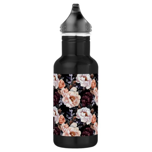 Burgundy Peonies Floral Pattern | Monogramm Edelstahlflasche (Rechts)