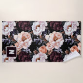 Burgundy Peonies Floral Pattern | Monogramm Strandtuch (Vorderseite)