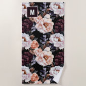 Burgundy Peonies Floral Pattern | Monogramm Strandtuch (Vorderseite)
