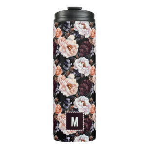 Burgundy Peonies Floral Pattern   Monogramm Thermosbecher