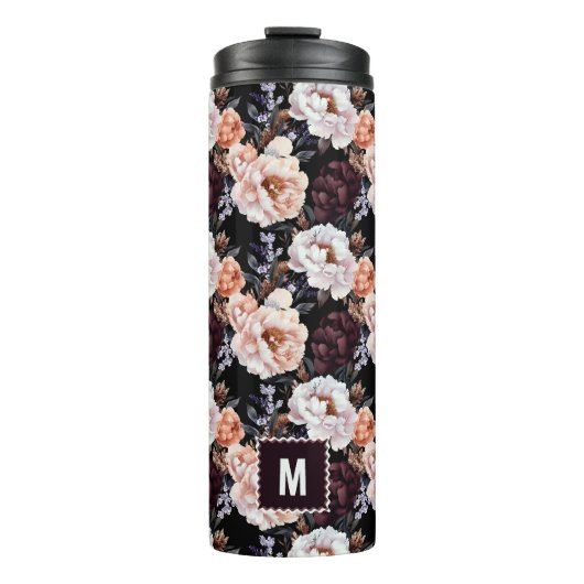 Burgundy Peonies Floral Pattern | Monogramm Thermosbecher (Vorderseite)