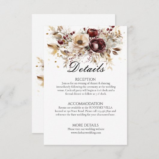 Burgundy Peonies Wedding Details Enclosure Card Begleitkarte (Vorne/Hinten)
