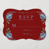 Burgundy Peony and Blue Rose Wedding RSVP Card Einladung (Vorne/Hinten)