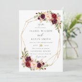 Burgundy Peony Blume Geometrische Rahmen Hochzeit Einladung (Stehend Vorderseite)