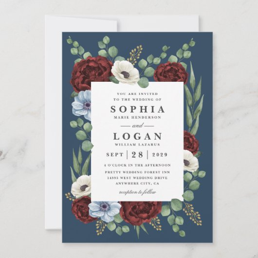 Burgundy Peony Dusty Blue Anemone Blumenhochzeit Einladung (Vorderseite)