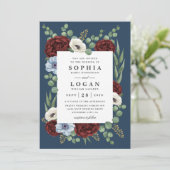 Burgundy Peony Dusty Blue Anemone Blumenhochzeit Einladung (Stehend Vorderseite)