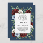 Burgundy Peony Dusty Blue Anemone Blumenhochzeit Einladung (Vorne/Hinten)