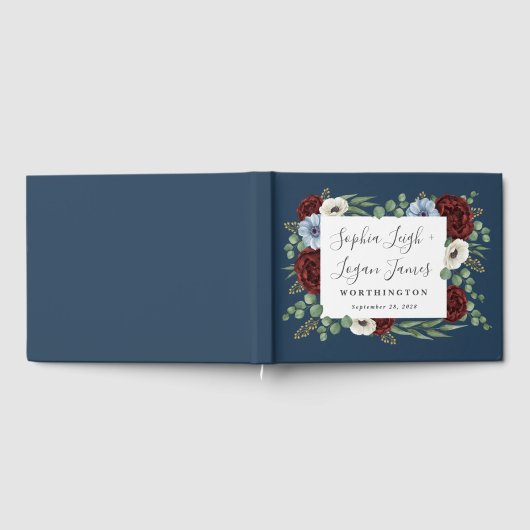 Burgundy Peony Dusty Blue Anemone Blumenhochzeit Gästebuch (Voll)