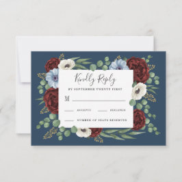 Burgundy Peony Dusty Blue Anemone Blumenhochzeit RSVP Karte