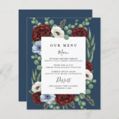 Burgundy Peony Dusty Blue Navy Wedding Menu Cards (Vorne/Hinten)