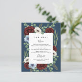 Burgundy Peony Dusty Blue Navy Wedding Menu Cards (Stehend Vorderseite)
