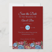 Burgundy Peony und Blue Rose Save the Date Einladung (Vorderseite)