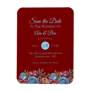Burgundy Peony und Blue Rose Save the Date Magnet